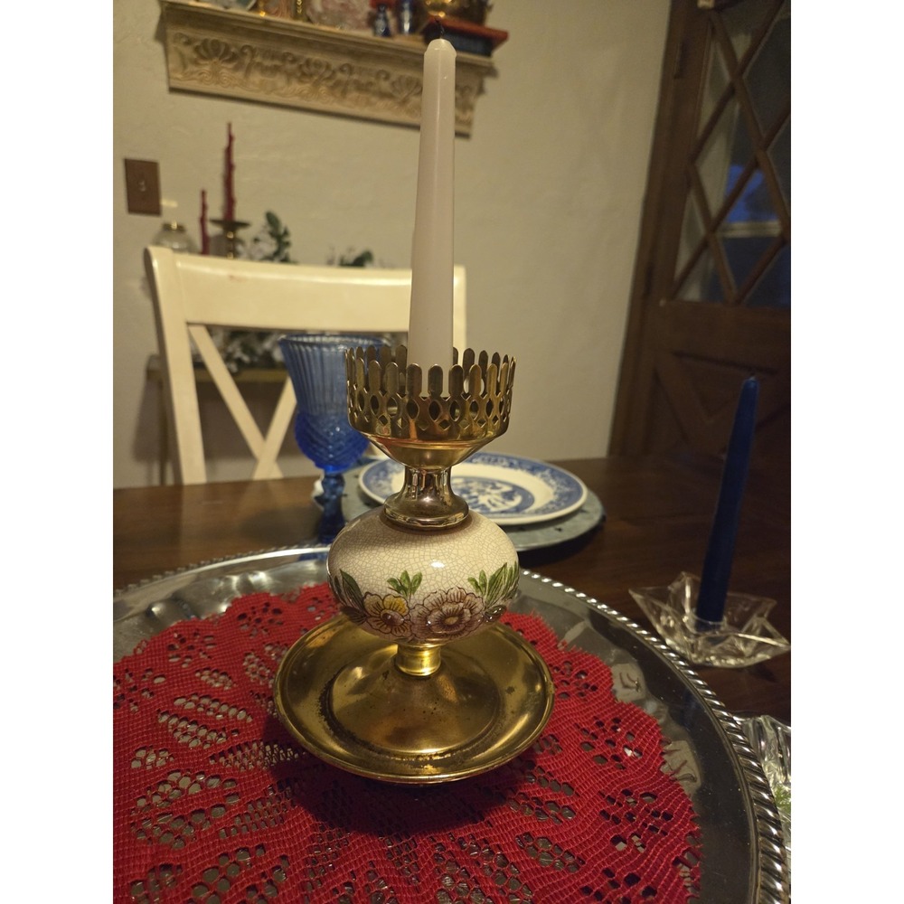 Vintage Victorian Style Parlor Brass And Porcelain Candle Stick